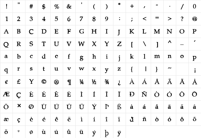 Tavern Bold  glyph index