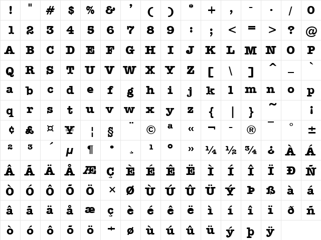 Dateline Bold  glyph index