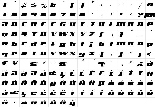 FreeLine Regular  glyph index