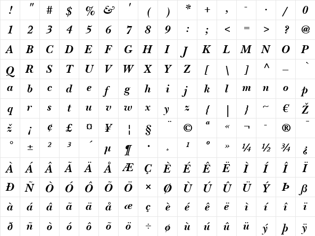 NewBaskerville LT Bold Italic  glyph index