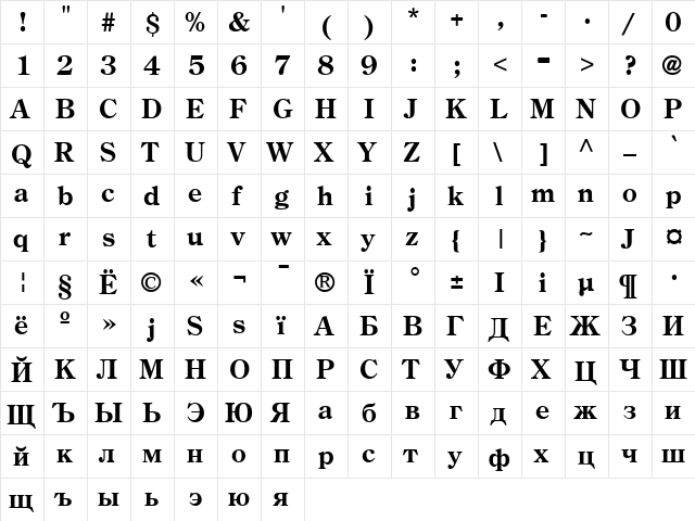 AGCenturyOldStyleCyr Bold  glyph index