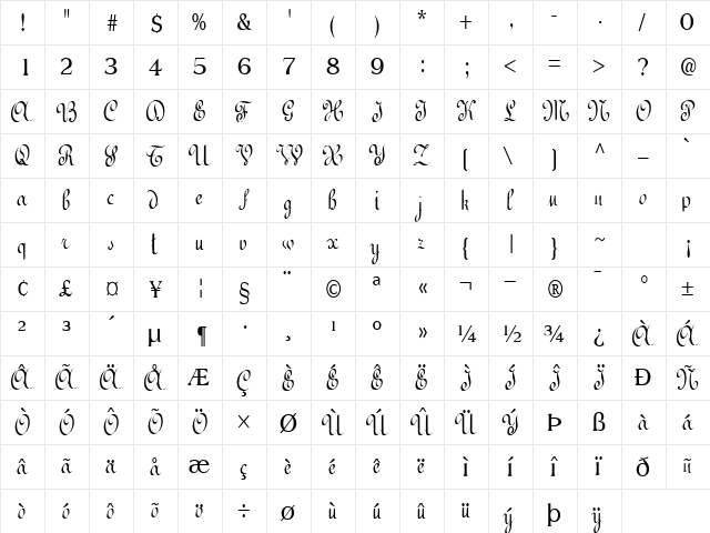 BedFord Regular  glyph index