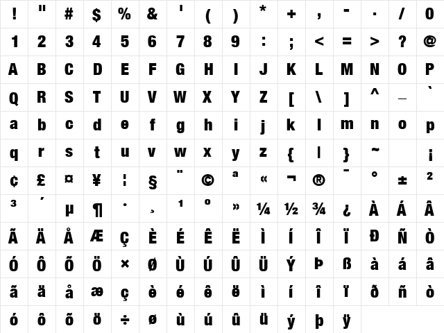 Helvetica Neue Condensed Black  glyph index