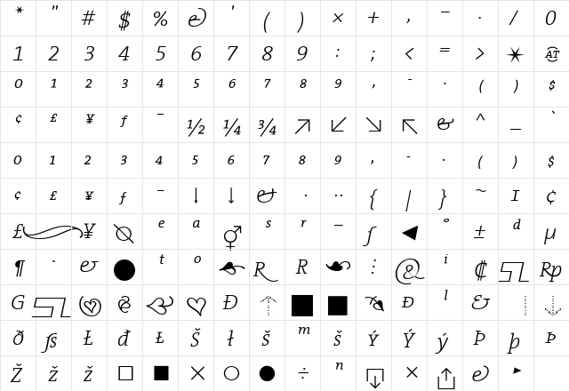 TheSerif Light Italic  glyph index