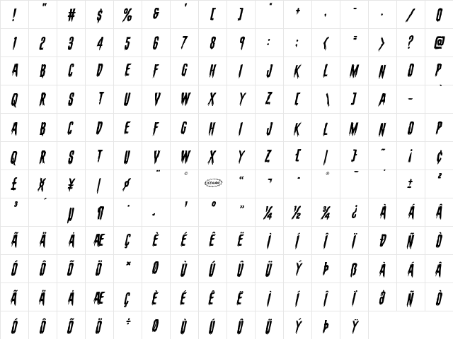 Eva Fangoria Staggered Italic Italic  glyph index