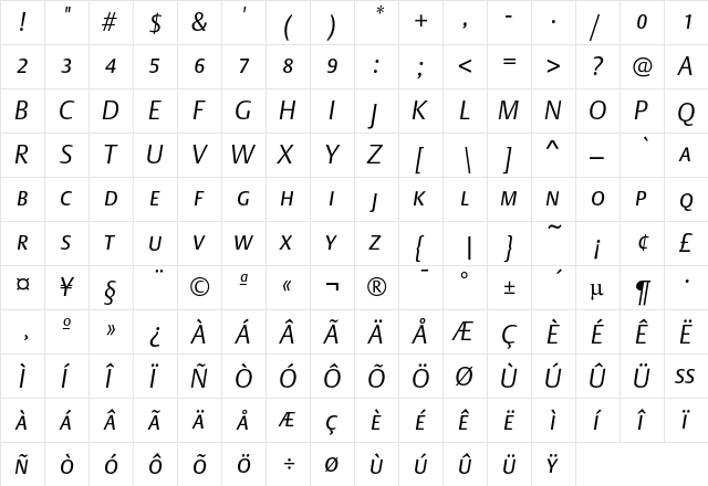 DTL Argo T Caps Light Italic  glyph index