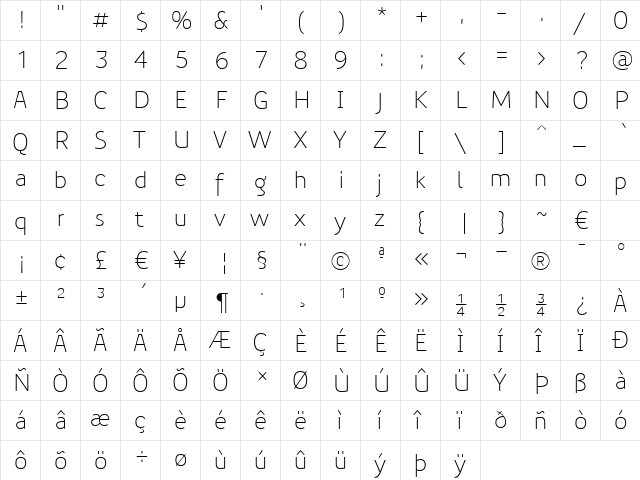 PreciousSansLight Regular  glyph index