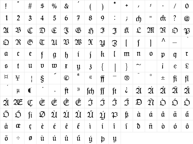 HumboldtFraktur Zier Regular  glyph index