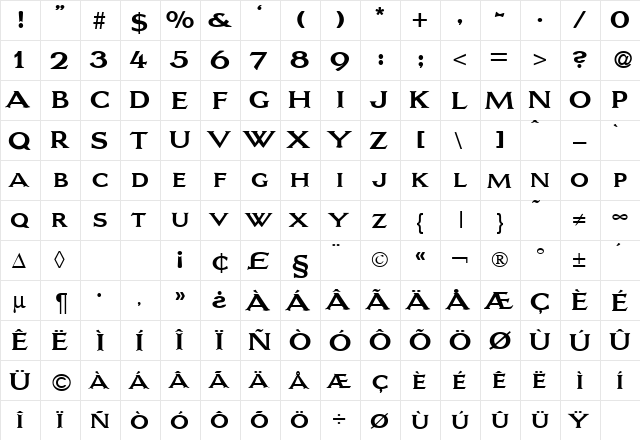 Lars Bold  glyph index