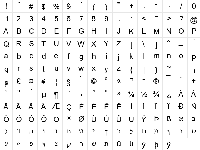 Web Hebrew AD Regular  glyph index