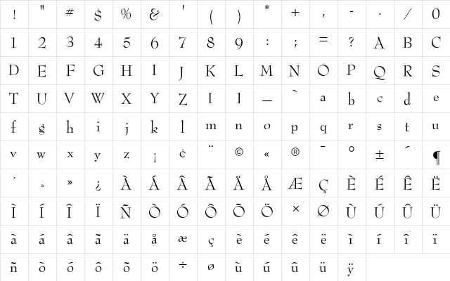 Bernhard Modern CG Roman Regular  glyph index
