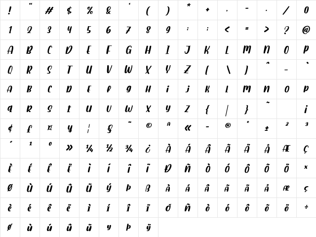 Baimbo Italic Regular  glyph index