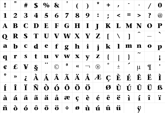 Stone Serif Bold  glyph index