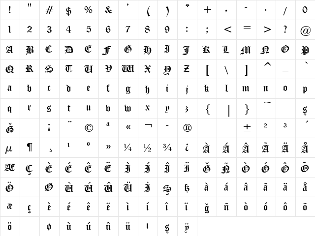 Cloister Bold  glyph index