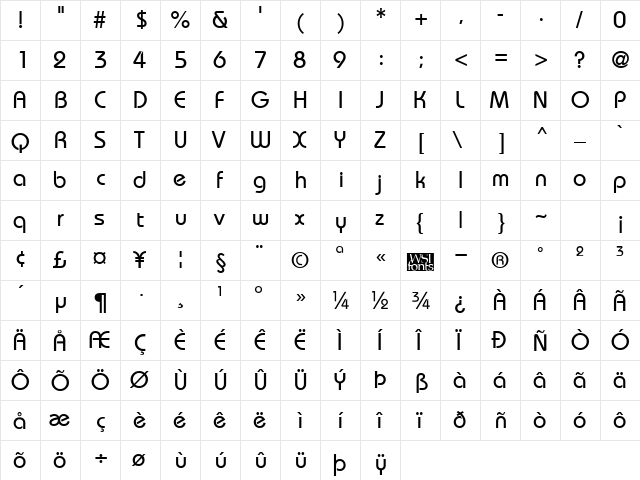 Bordeaux Regular  glyph index