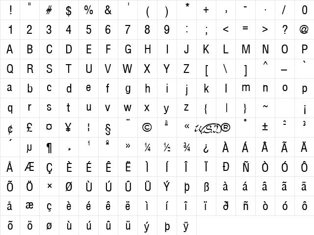 Arena Condensed Regular  glyph index