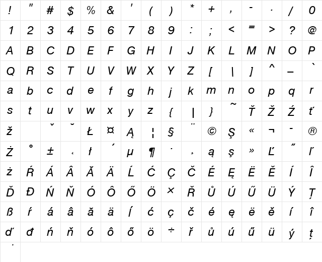 NimbusSanDEE Italic  glyph index