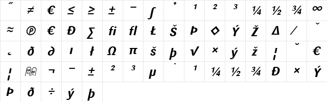 Sari Bold Italic  glyph index
