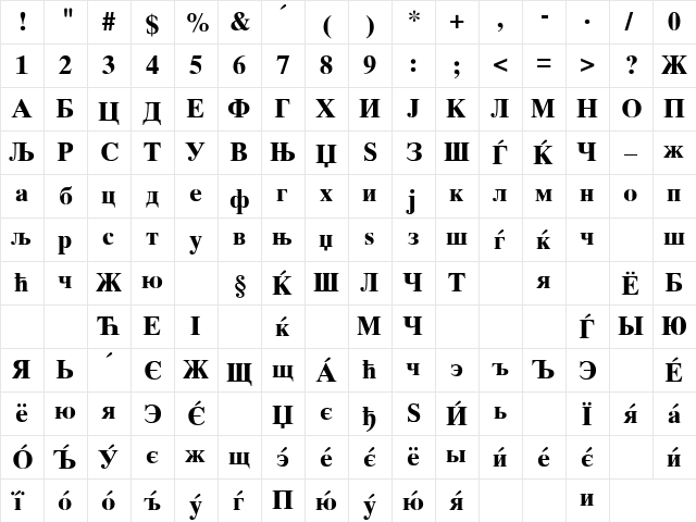 MAC C Times Bold  glyph index