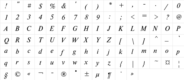 NewtonC Italic  glyph index