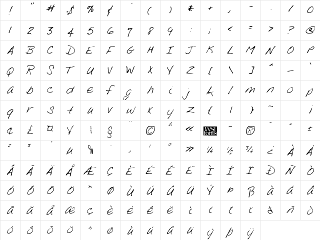 LydiasHand Regular  glyph index