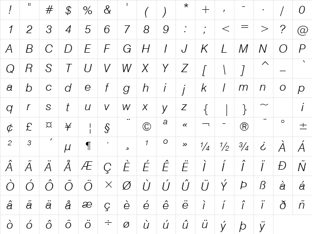 Swis721 Lt BT Light Italic  glyph index