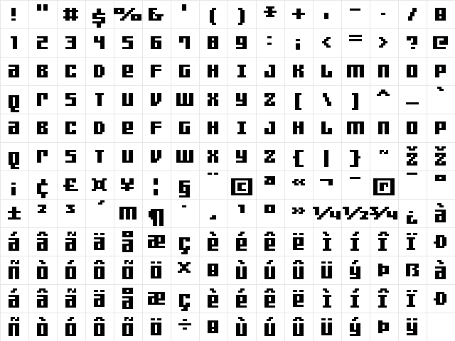 FFF Games Thin Bold Extended Regular  glyph index