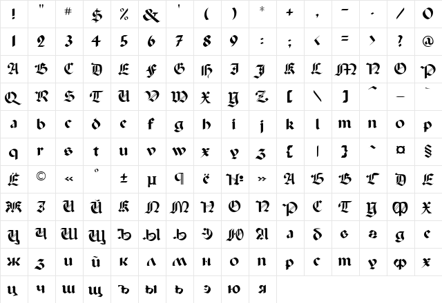 PaladinPCRus Medium  glyph index
