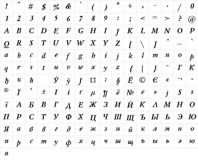 MyslCTT BoldItalic  glyph index