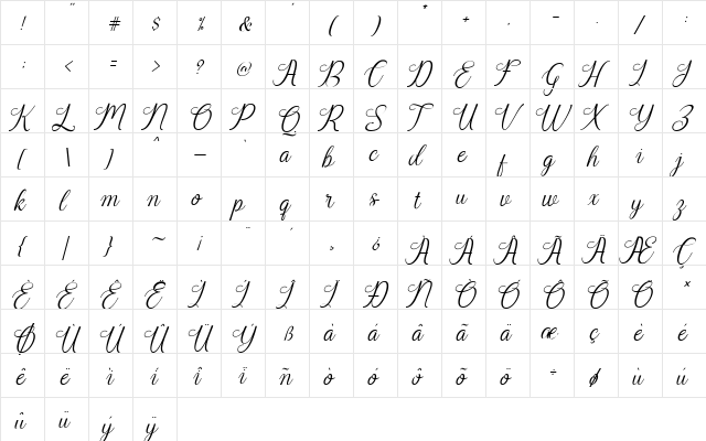 Harland Slant Demo Regular  glyph index