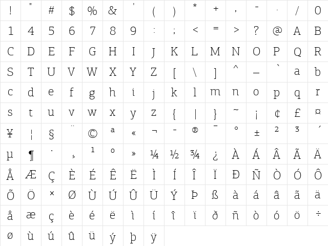 PF Agora Slab Pro Thin  glyph index