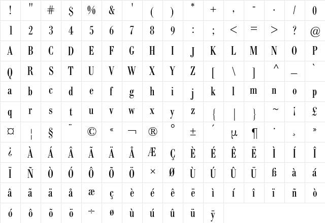 Bodoni Berthold Condensed BQ Regular  glyph index