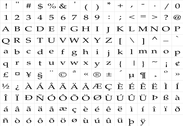 Palatino-Roman Ex Regular  glyph index