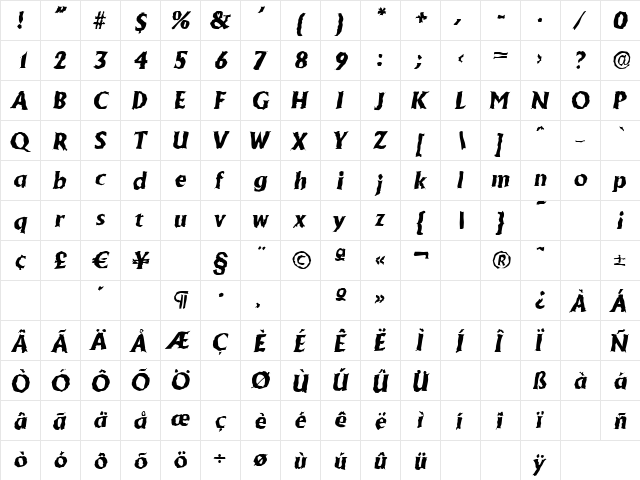 JacobBeckerRandom-ExtraBold Italic  glyph index