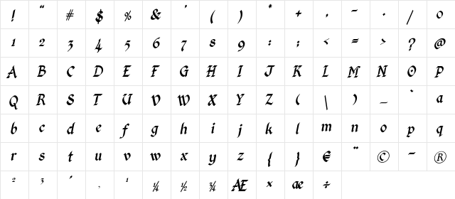 Kingthings Calligraphica Italic Calligraphica  glyph index
