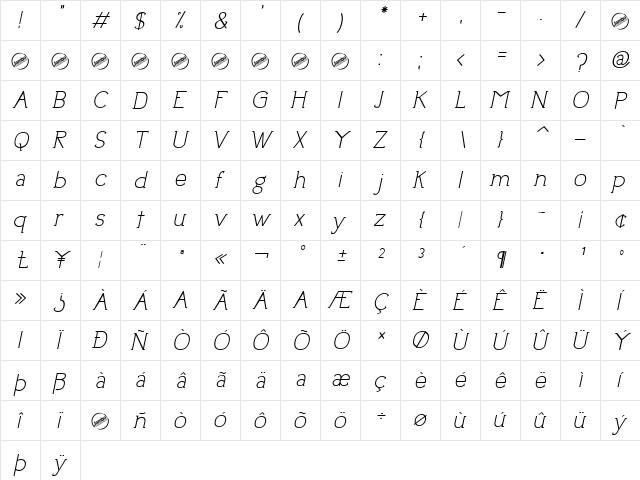 Uptown Elegance Italic  glyph index