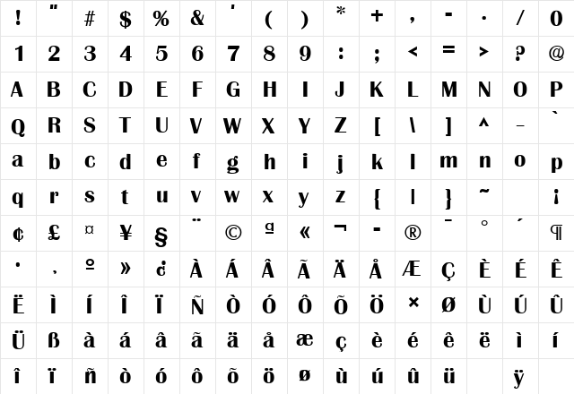 Grenoble Bold  glyph index