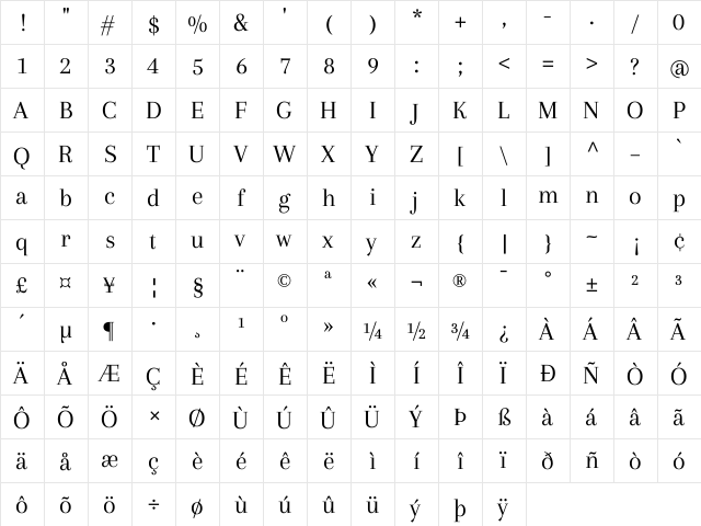 Arapey Regular  glyph index