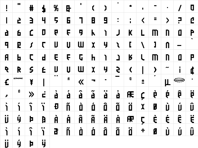 Valkyrie Expanded Bold Expanded Bold  glyph index