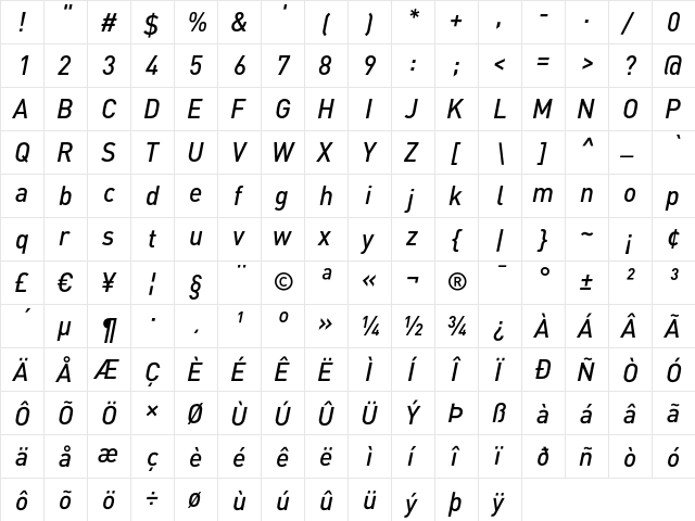 DIN-MediumItalic Regular  glyph index