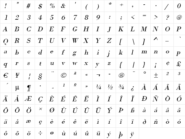 OlgaBeckerExtended Italic  glyph index