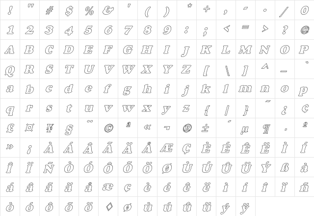 Alfredo Heavy Hollow Italic  glyph index
