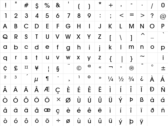 AvantGarde Md BT Medium  glyph index