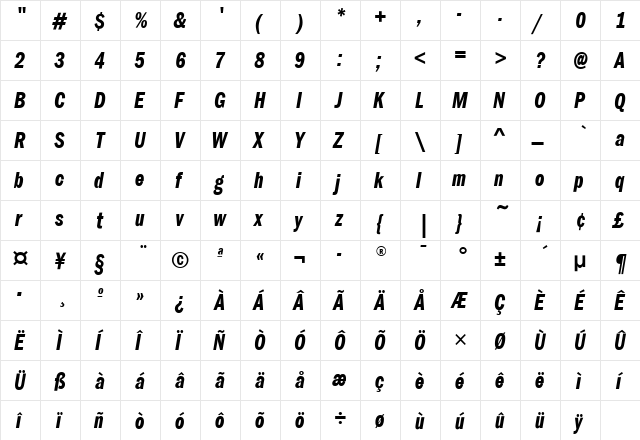 FranklinGotCmpITC Demi Italic  glyph index
