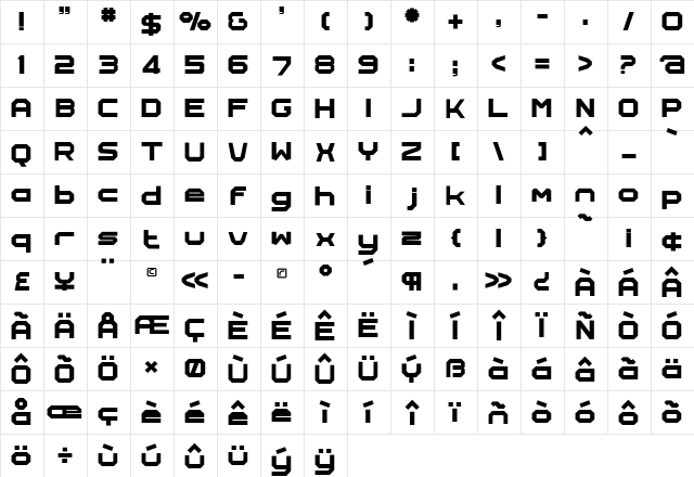 Rally Regular  glyph index