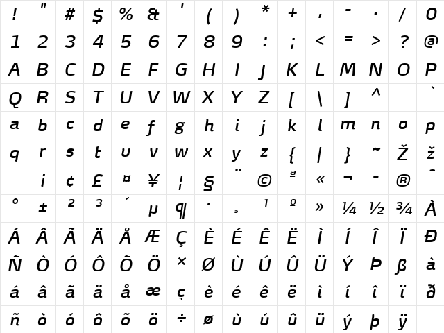 MaxDemiSerifTF-BookItalic Regular  glyph index