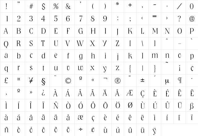 Nashville-Xlight Regular  glyph index
