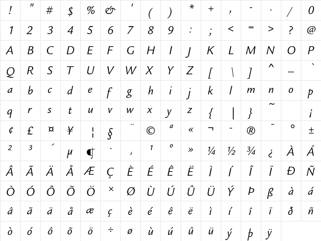 ITC Legacy Sans Std Book Italic  glyph index
