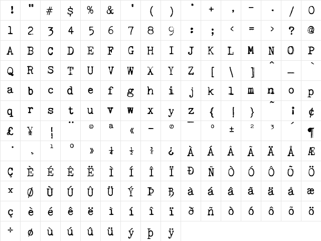 Kingthings Trypewriter 2 Regular  glyph index