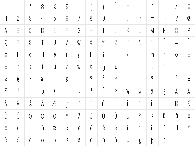 Walkway UltraCondensed Bold Regular  glyph index